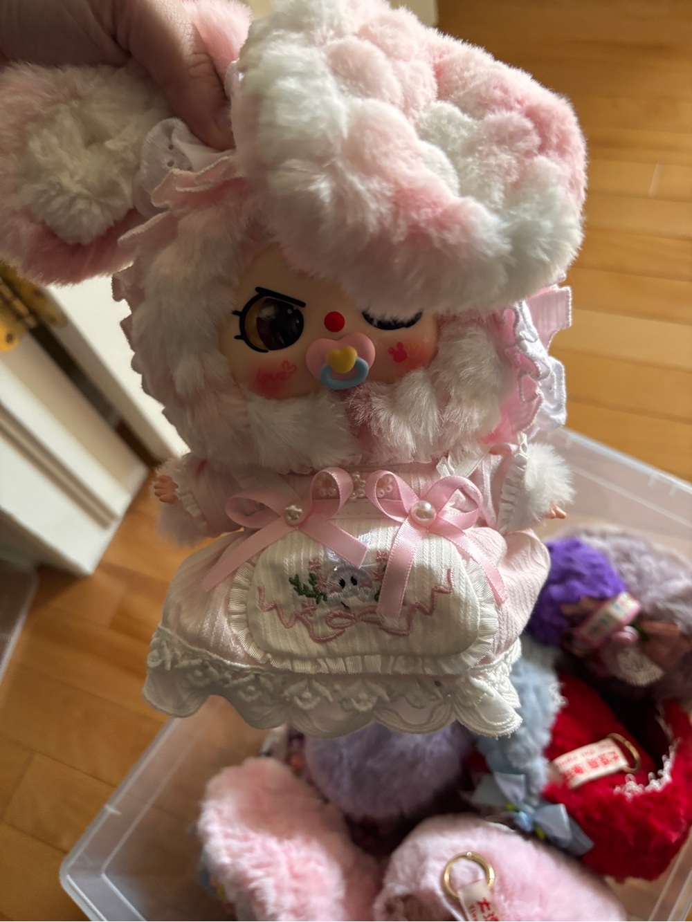 Plush Bunny Doll with Pastel Pink & White Dress